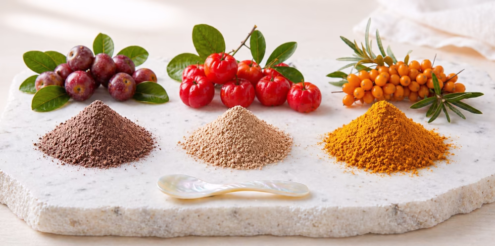 Poudres bio d'acérola, de camu-camu et d'argousier avec leurs fruits frais