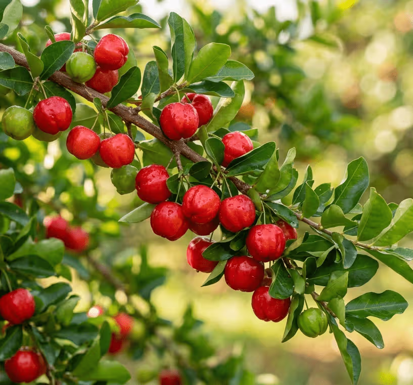 Branches d'acérola avec fruits rouges — Malpighia emarginata du Brésil