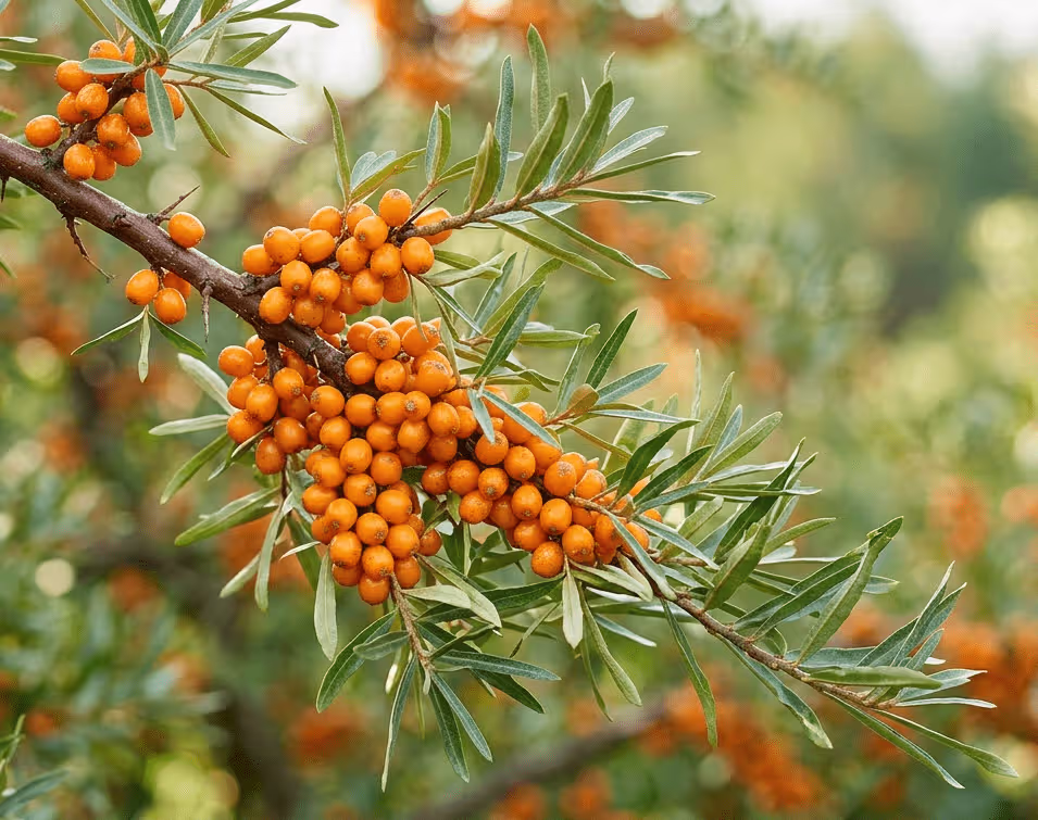 Branches d'argousier avec baies orangées — Hippophae rhamnoides européen