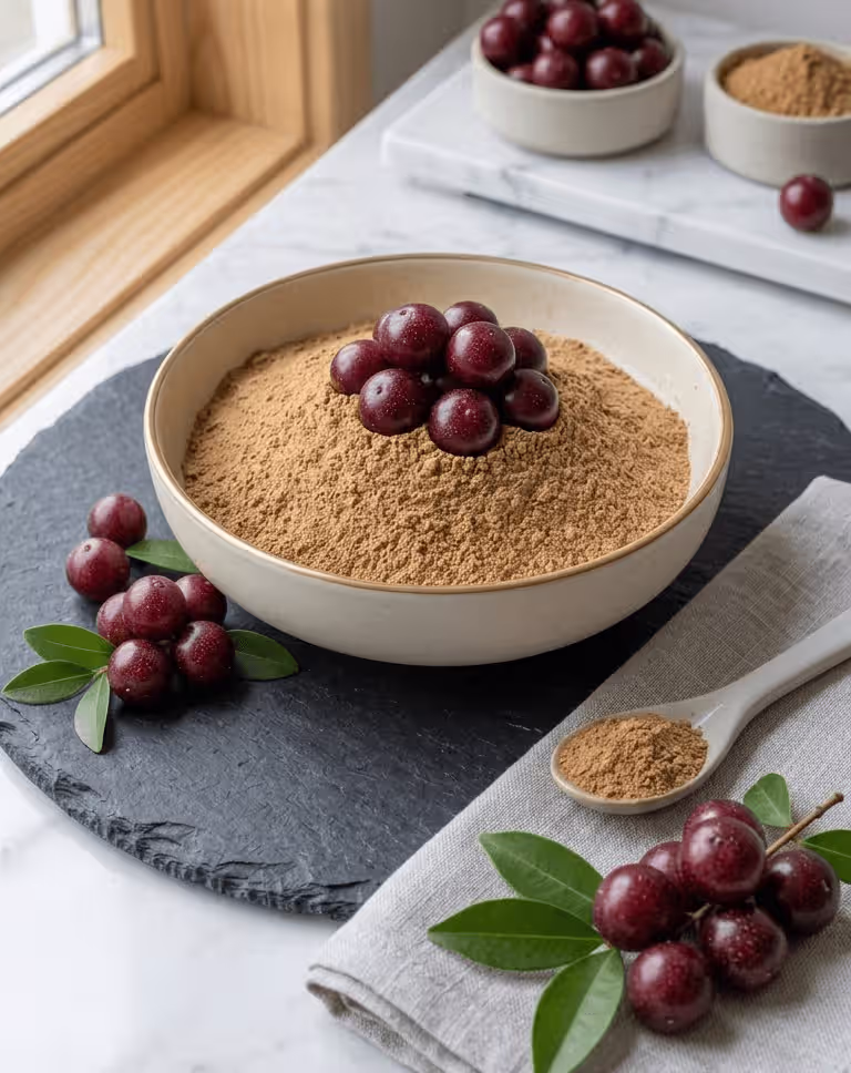 Poudre de camu-camu bio — couleur rosée caractéristique d'Amazonie