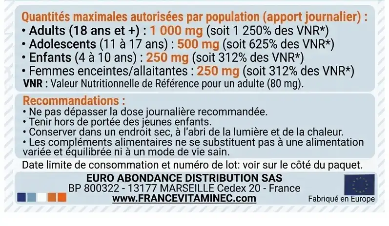 Cristaux d'acide L-ascorbique pharmaceutique — pureté 99,7%