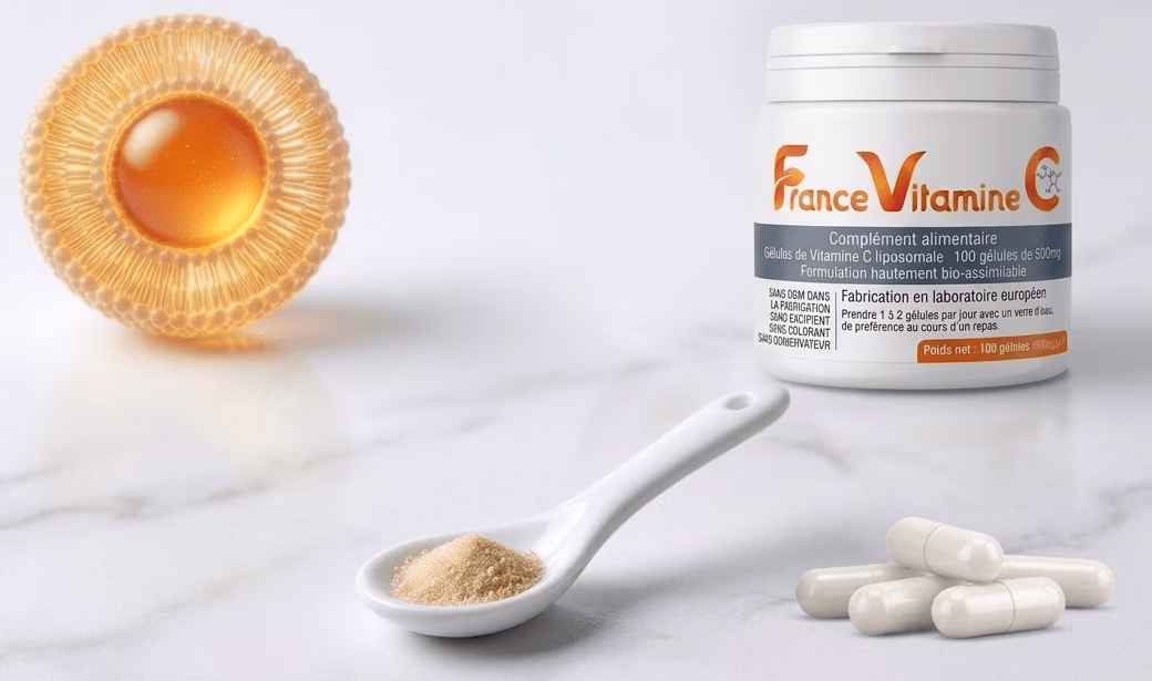 Gélule de vitamine C liposomale ouverte — encapsulation phospholipidique visible